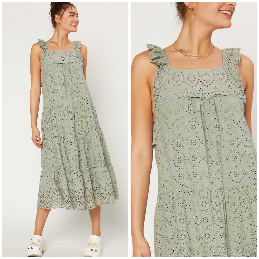 CURRENT AIR  Anthro Sage Green Eyelet Midi Dress - Picture 5 of 7
